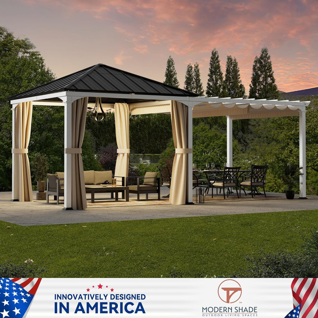 ModernShade 10'x20' Pergola Hybrid Gazebo with Adjustable Shade Fabric,Hardtop Roof,Privacy Curtains,Black and White