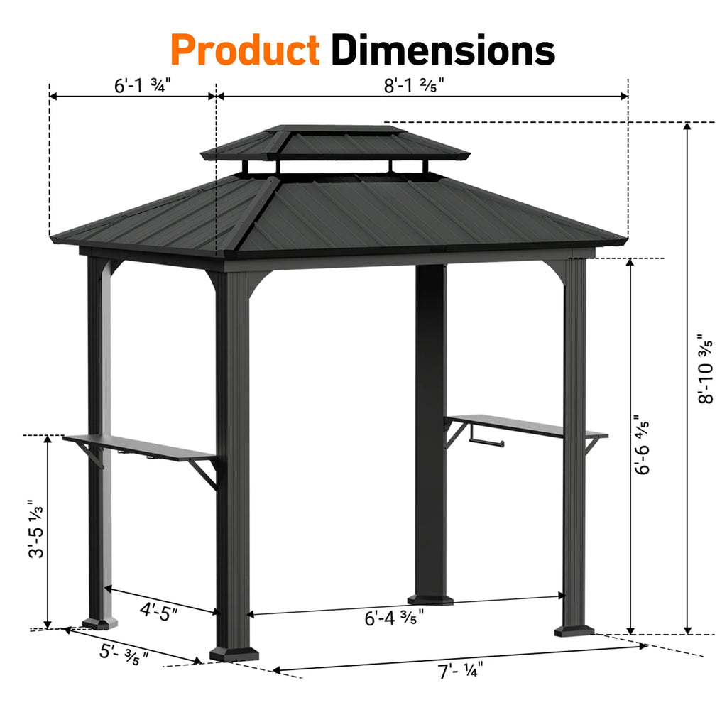 Modern Shade 6' x 8' Aluminum Grill Gazebo, Galvanized Steel Hardtop BBQ Canopy with Shelves & Ceiling Hook, Extra-Wide Columns for Patio, Black