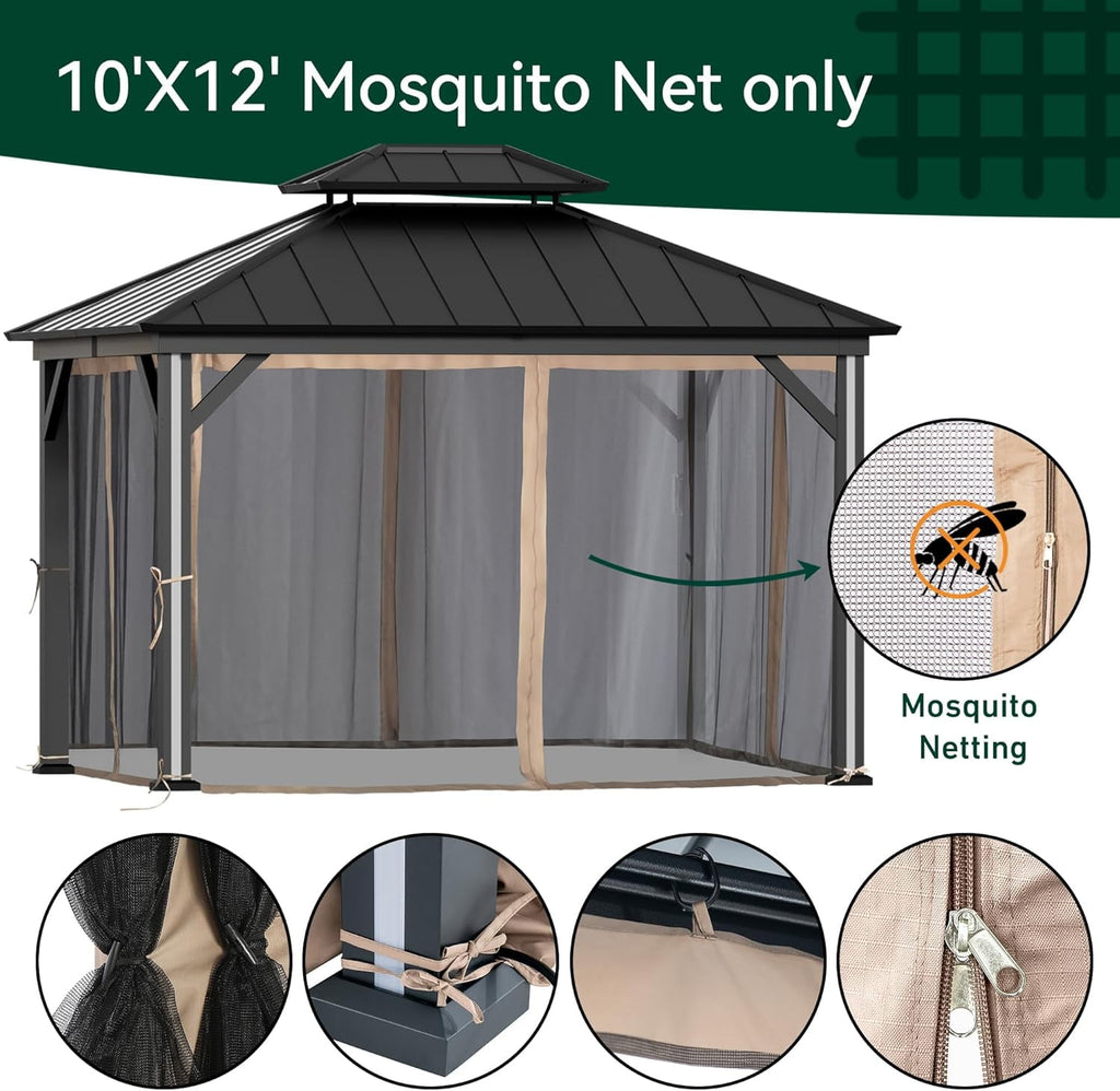 FONA Gazebo Mosquito Netting Replacement Universal 4-Panel Sidewalls 10' x 12', Outdoor Gazebo Mosquito Nettings with Double Zipper, Replacement for Patio Canopy, Garden