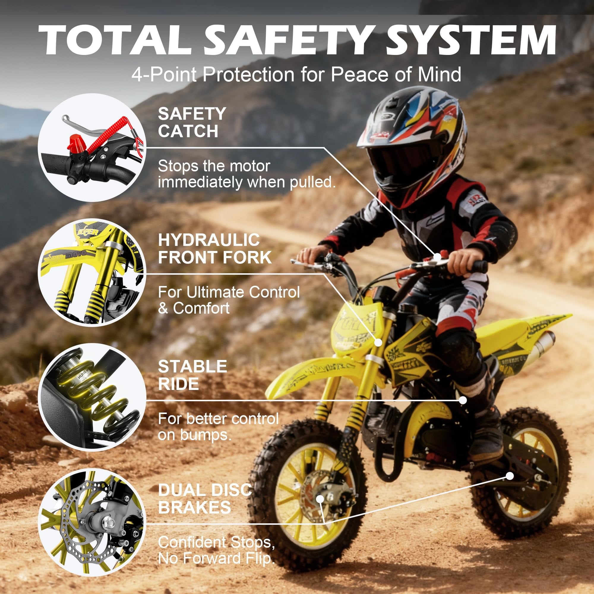 FONA 49cc 2-Stroke Dirt Bike for Kids 8-12, 25mph Mini Motorcycle with Dual Disc Brakes, Off-Road Tires, Suspension & Soft Seat Yellow