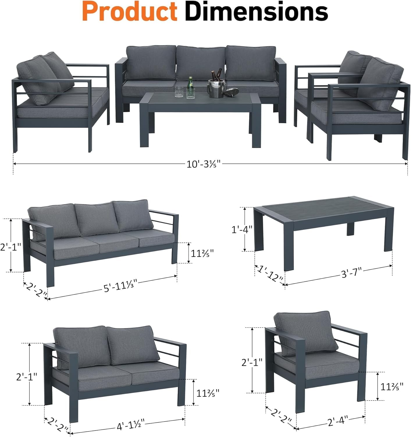 Modern Shade 7-Pc Aluminum Patio Sectional Set w/Tempered Glass Table - Weatherproof Outdoor Sofa for Garden, Balcony, Porch