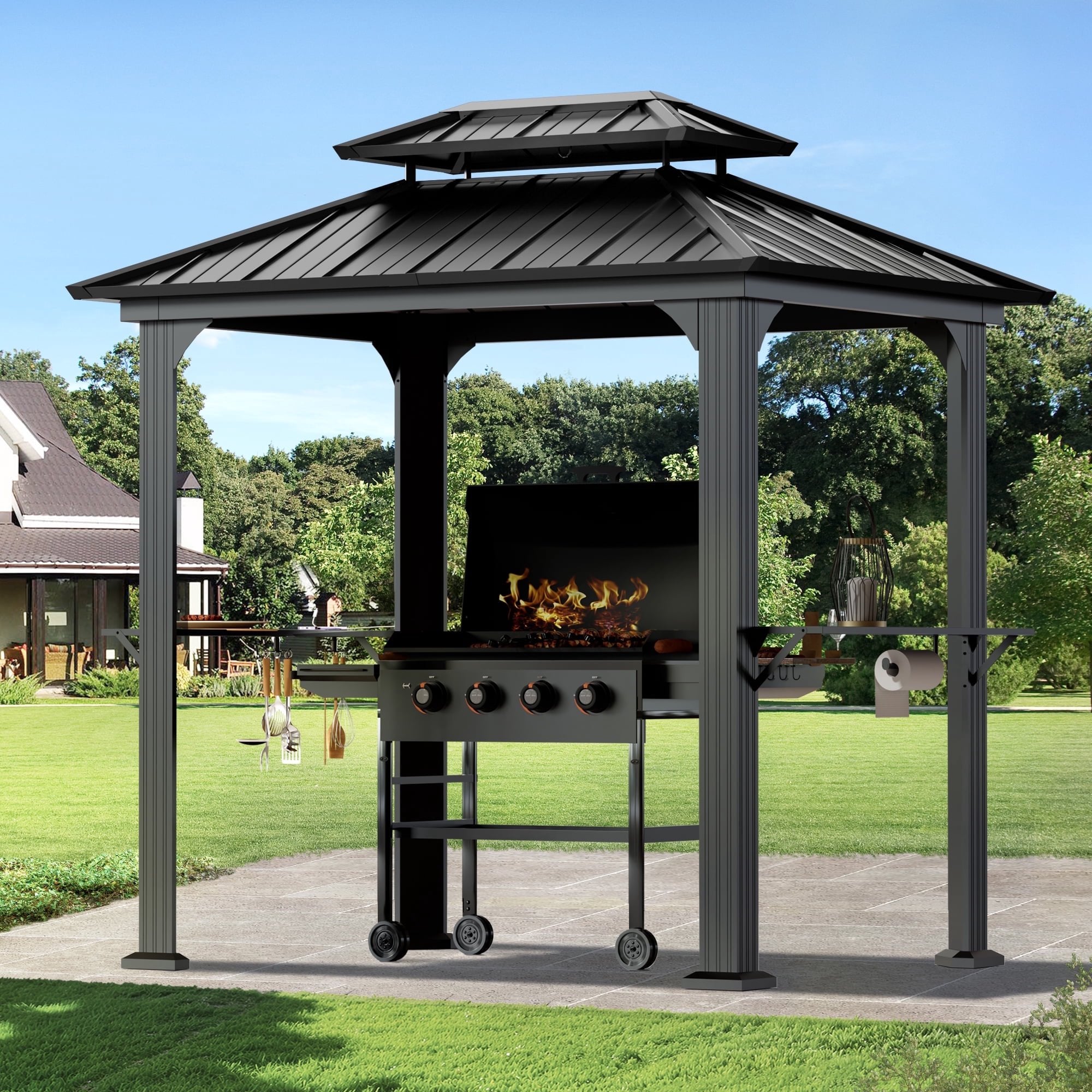 Modern Shade 6' x 8' Aluminum Grill Gazebo, Galvanized Steel Hardtop BBQ Canopy with Shelves & Ceiling Hook, Extra-Wide Columns for Patio, Black