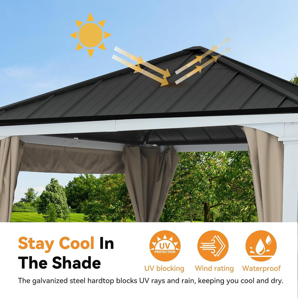 ModernShade 10'x20' Pergola Hybrid Gazebo with Adjustable Shade Fabric,Hardtop Roof,Privacy Curtains,Black and White