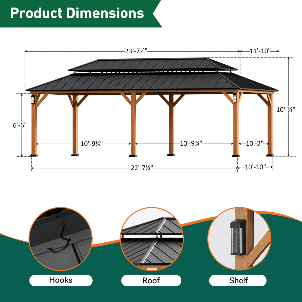 FONA 12' x 24' Hardtop Gazebo with LED Lights, Double Roof & Curtains