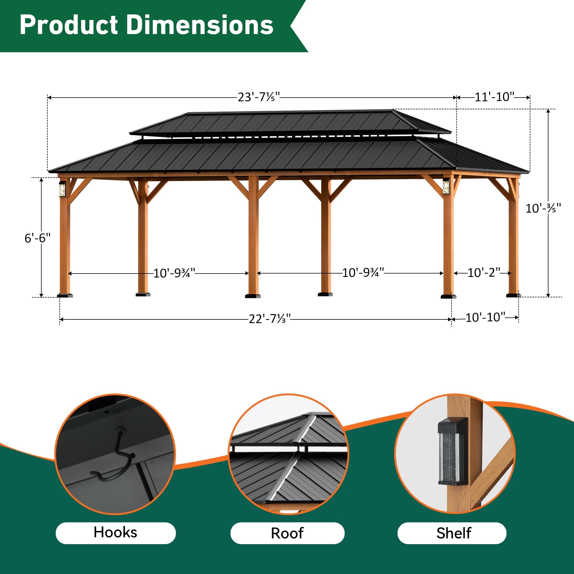 FONA 12' x 24' Hardtop Gazebo with LED Lights, Double Roof & Curtains