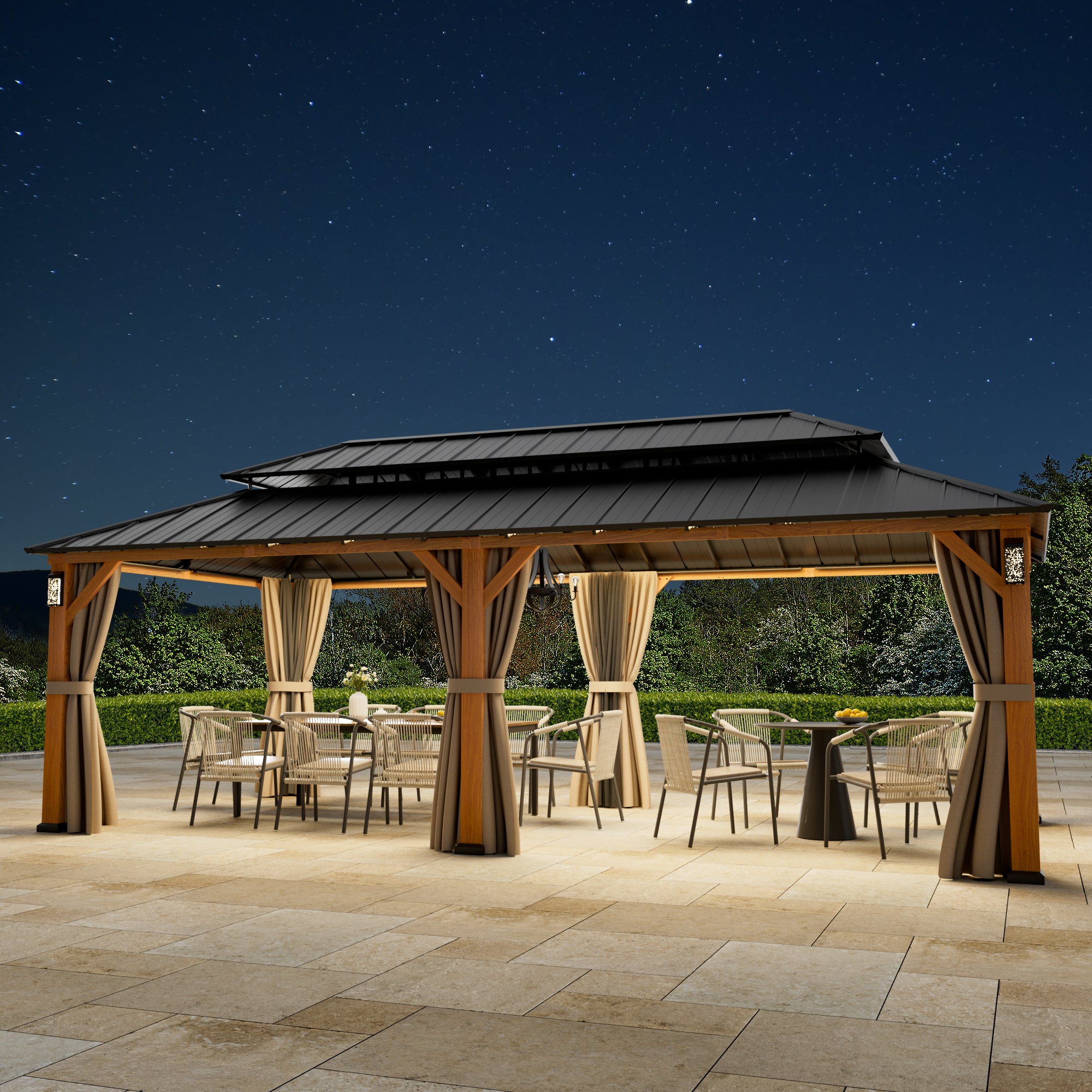 FONA 12' x 24' Hardtop Gazebo with LED Lights, Double Roof & Curtains