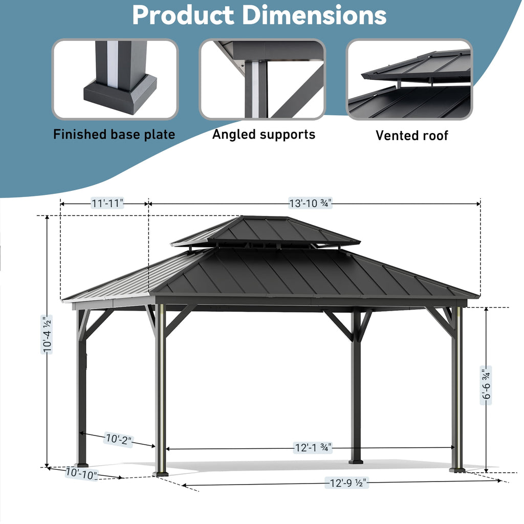 FONA 12'x14' Aluminum Hardtop Gazebo with LED Lights,Netting,Curtains & USB Port,Black