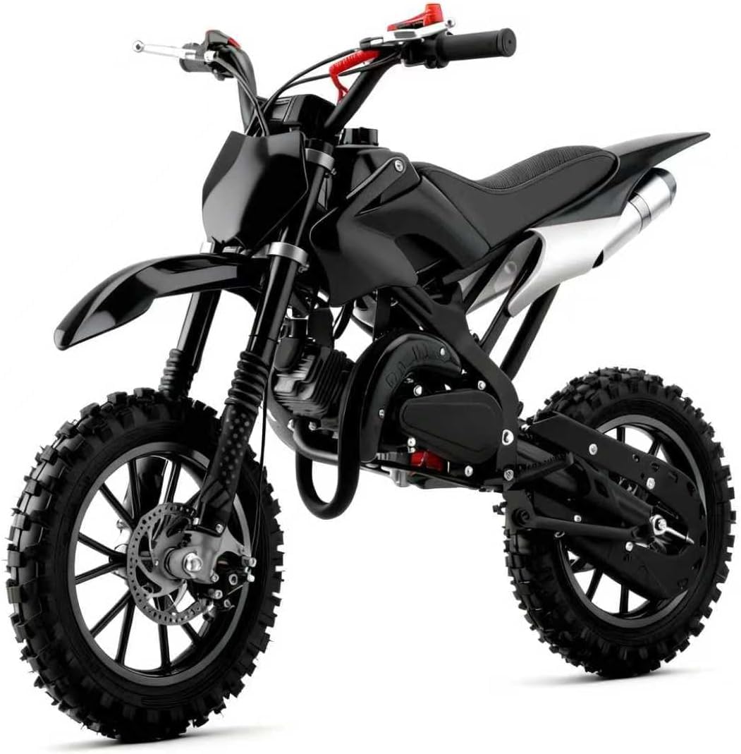 FONA 49cc 2-Stroke Dirt Bike for Kids 8-12, 25mph Mini Motorcycle with Dual Disc Brakes, off-Road Tires, Suspension & Soft Seat Black