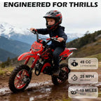 FONA 49cc 2-Stroke Dirt Bike for Kids 8-12, 25mph Mini Motorcycle with Dual Disc Brakes, off-Road Tires, Suspension & Soft Seat Red