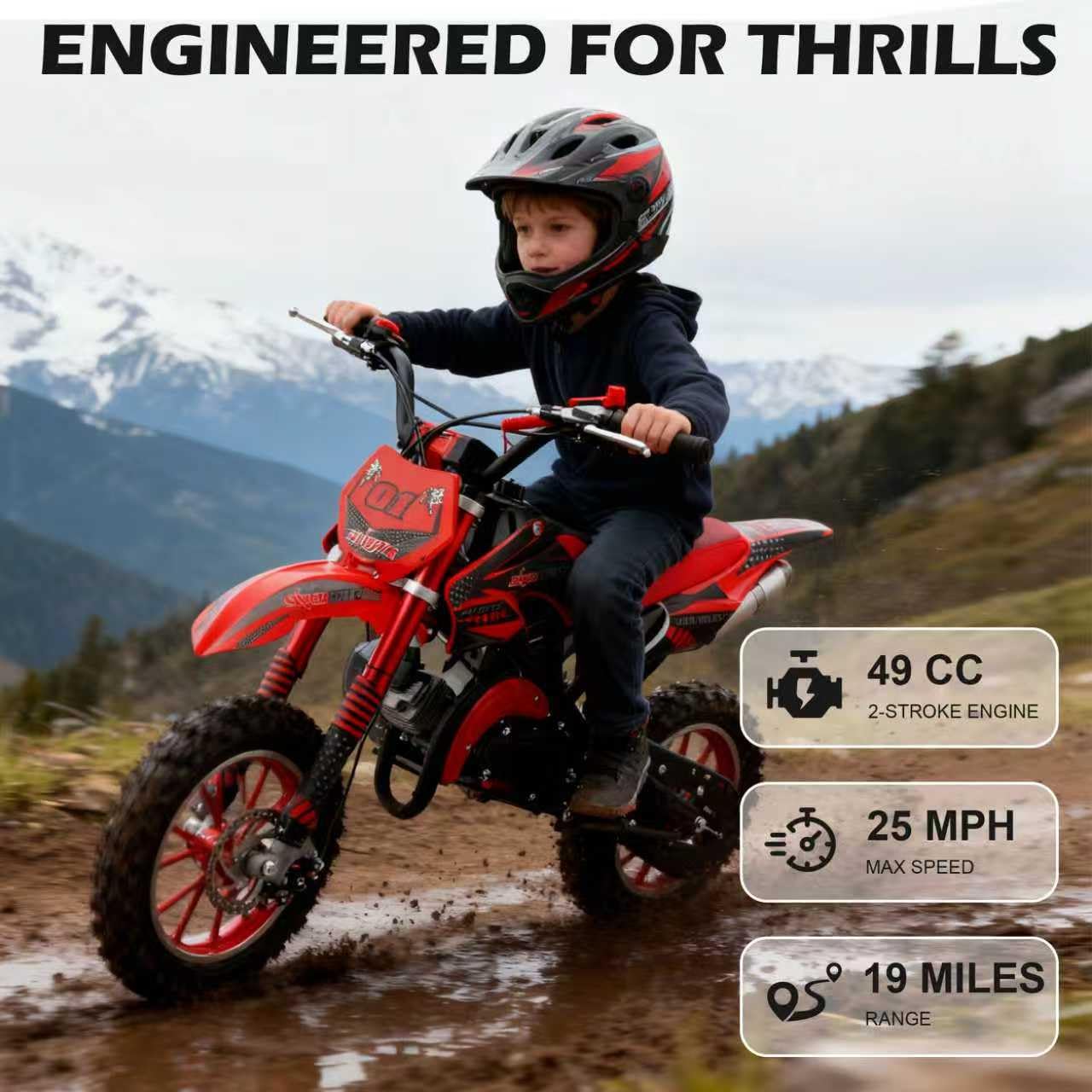 FONA 49cc 2-Stroke Dirt Bike for Kids 8-12, 25mph Mini Motorcycle with Dual Disc Brakes, off-Road Tires, Suspension & Soft Seat Red