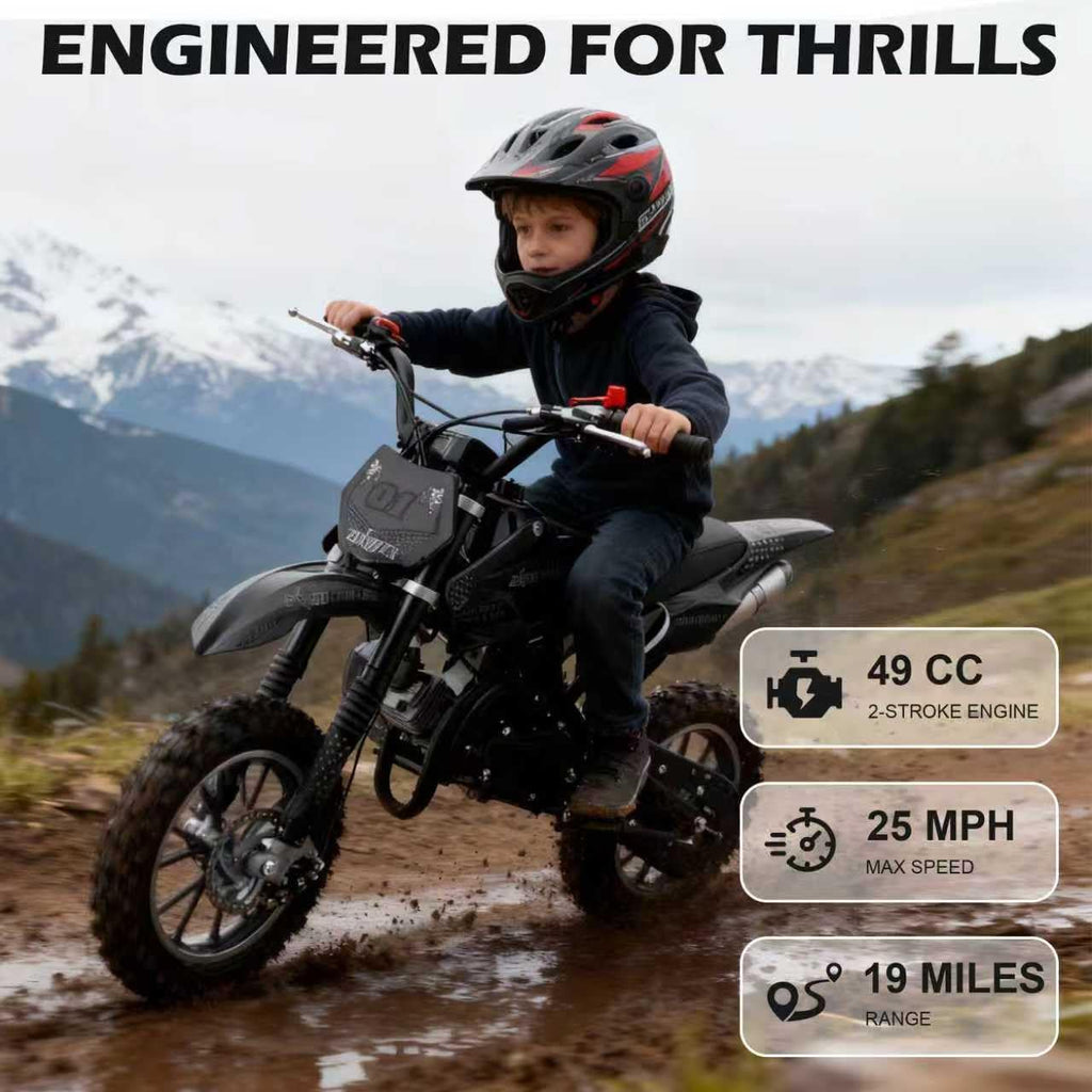 FONA 49cc 2-Stroke Dirt Bike for Kids 8-12, 25mph Mini Motorcycle with Dual Disc Brakes, off-Road Tires, Suspension & Soft Seat Black