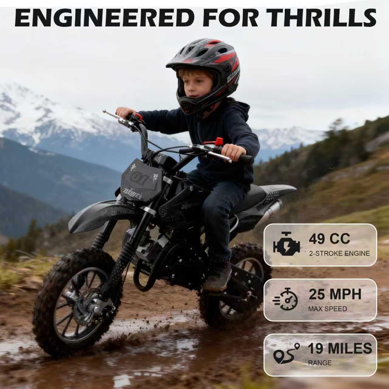 FONA 49cc 2-Stroke Dirt Bike for Kids 8-12, 25mph Mini Motorcycle with Dual Disc Brakes, off-Road Tires, Suspension & Soft Seat Black