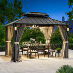 Modern Shade Hardtop Gazebo 10' x 12' with 4 LED Lights, Permanent Gazebo with Double Galvanized Steel Roof for Outdoor Backyard, Black