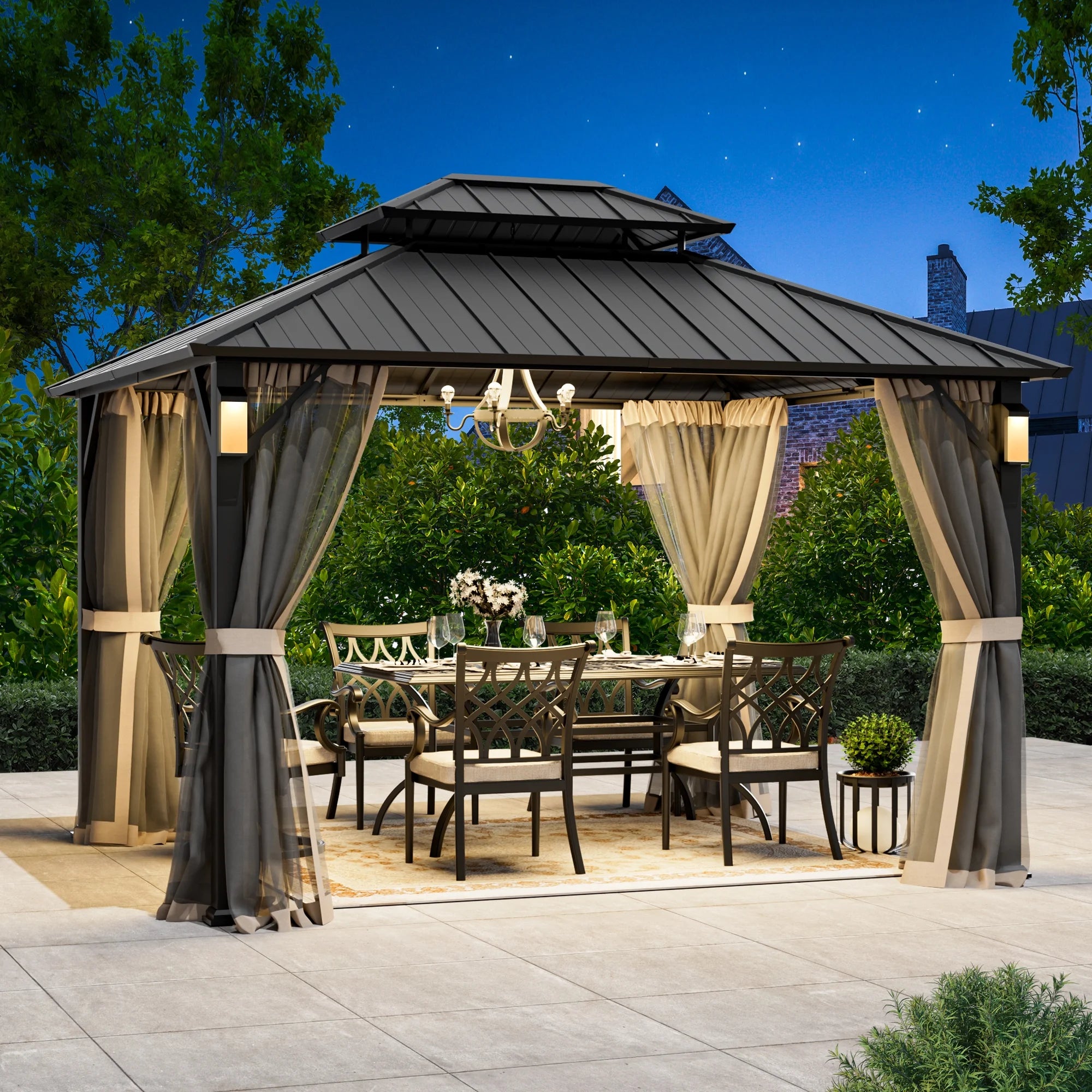 Modern Shade Hardtop Gazebo 10' x 12' with 4 LED Lights, Permanent Gazebo with Double Galvanized Steel Roof for Outdoor Backyard, Black