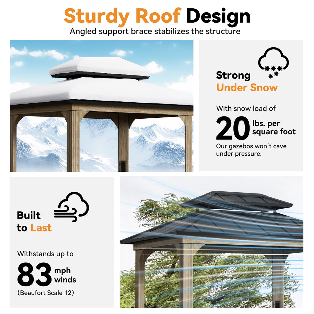 FONA Grill Gazebo 6' X 8', Permanent Aluminum BBQ Gazebos with Shelves and Paper Towel Holder, Grill Canopy with Galvanized Steel Roof, Grill Gazebo with Charging Ports, Wood-Looking
