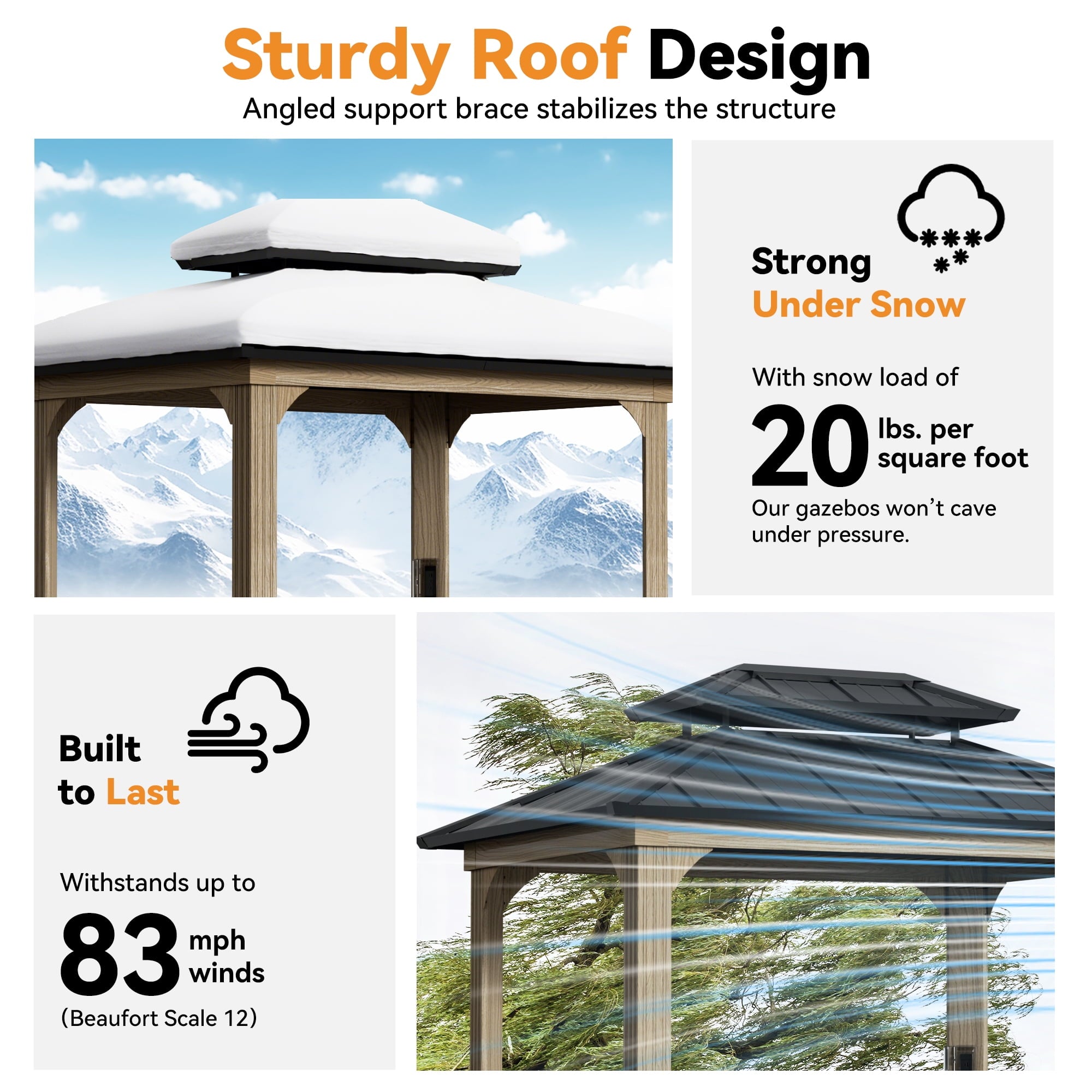 FONA Grill Gazebo 6' X 8', Permanent Aluminum BBQ Gazebos with Shelves and Paper Towel Holder, Grill Canopy with Galvanized Steel Roof, Grill Gazebo with Charging Ports, Wood-Looking