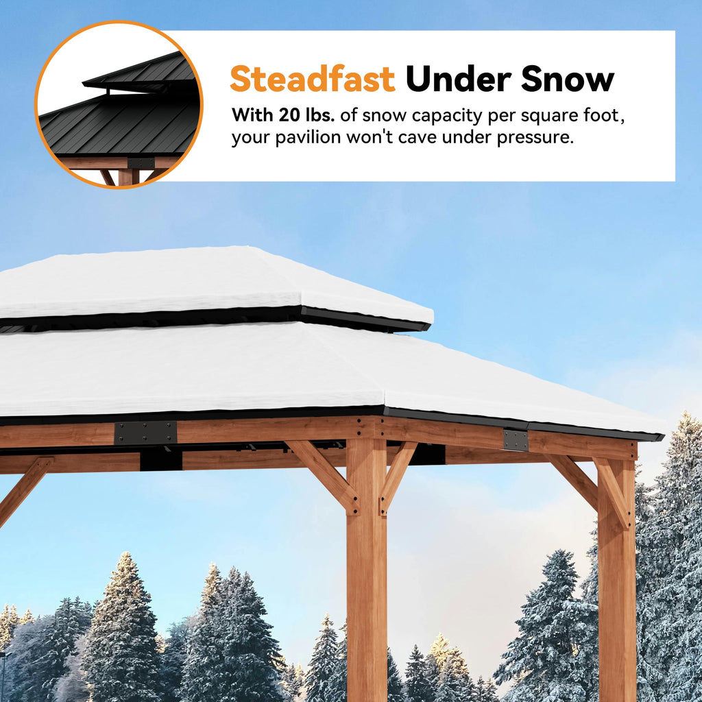 Modern Shade 12'x16'Outdoor Cedar Wood Hardtop Gazebo with Double Steel Roof, Mosquito Net Rods for Backyard Use