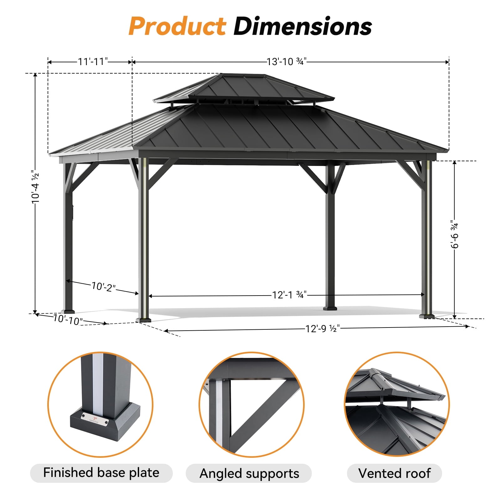 Modern Shade 12' x 14' Hardtop Gazebo with LED Lights, USB Ports, Curtains & Netting, Black