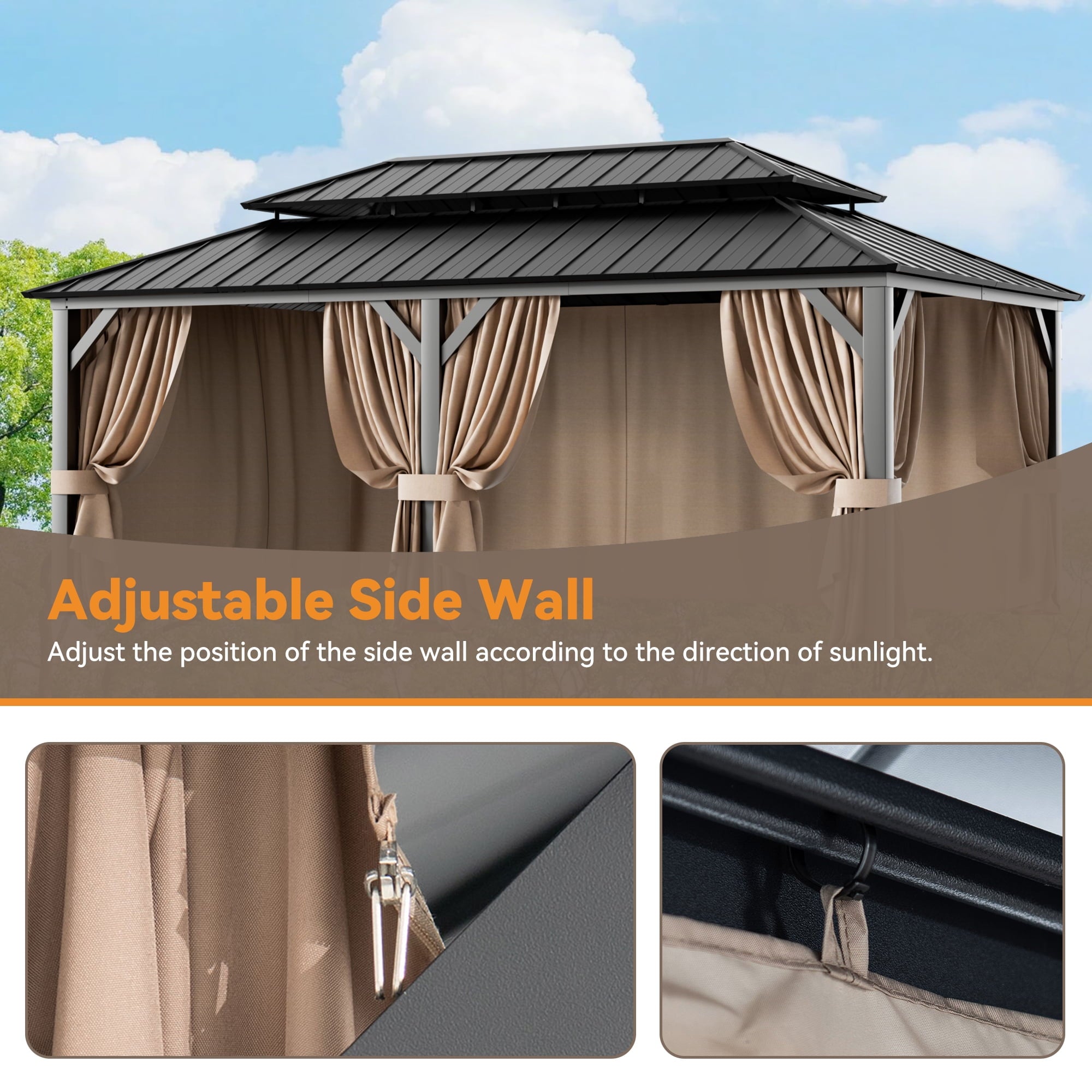 Covered Outdoor Universal 12‘x20’ Gazebo Curtain Replacement with 4 Panel Zippered Grey Sidewalls