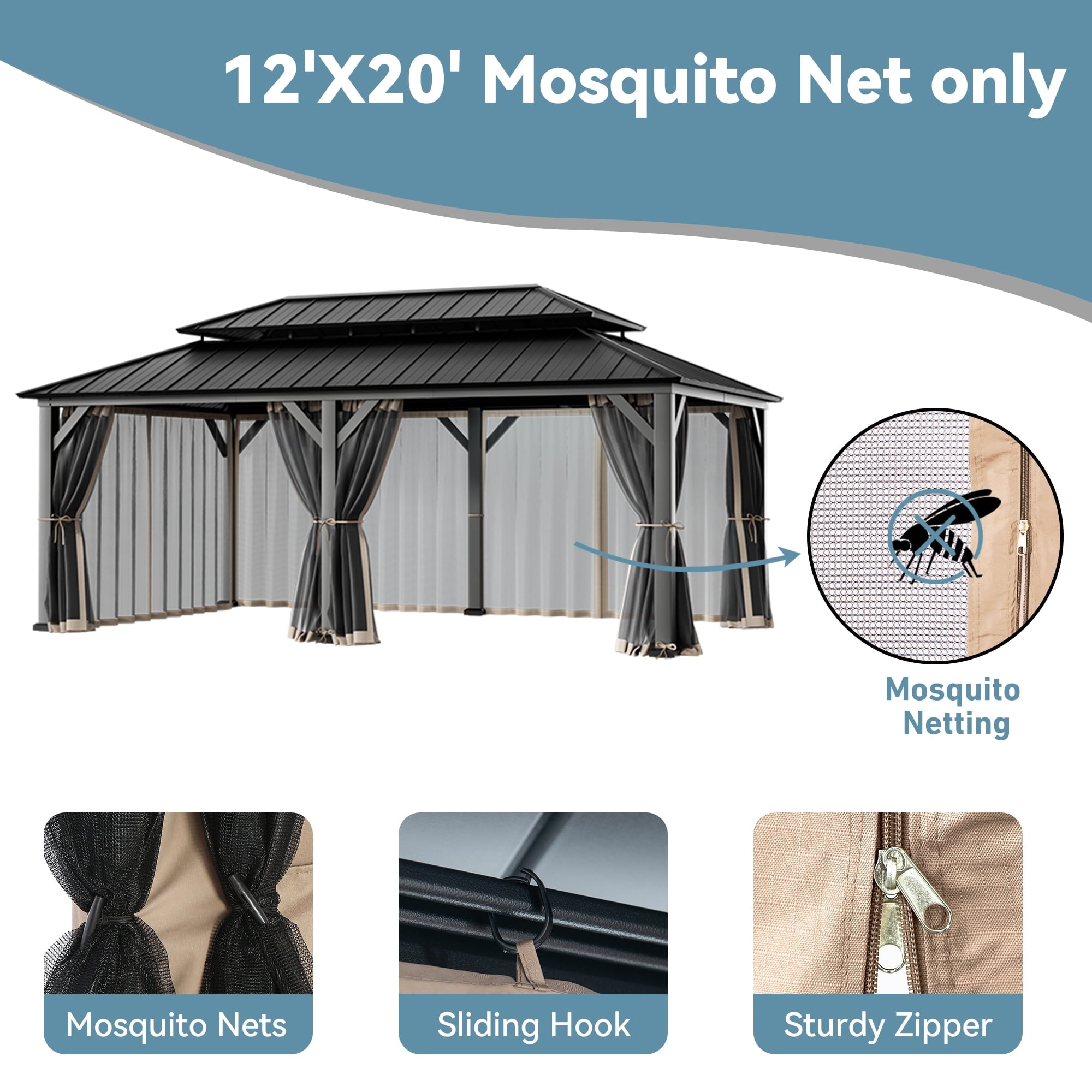 FONA Gazebo Mosquito Netting Replacement Universal 4-Panel Sidewalls 12' x 20', Outdoor Gazebo Mosquito Nettings with Double Zipper, Replacement for Patio Canopy, Garden (Mosquito Net Only)