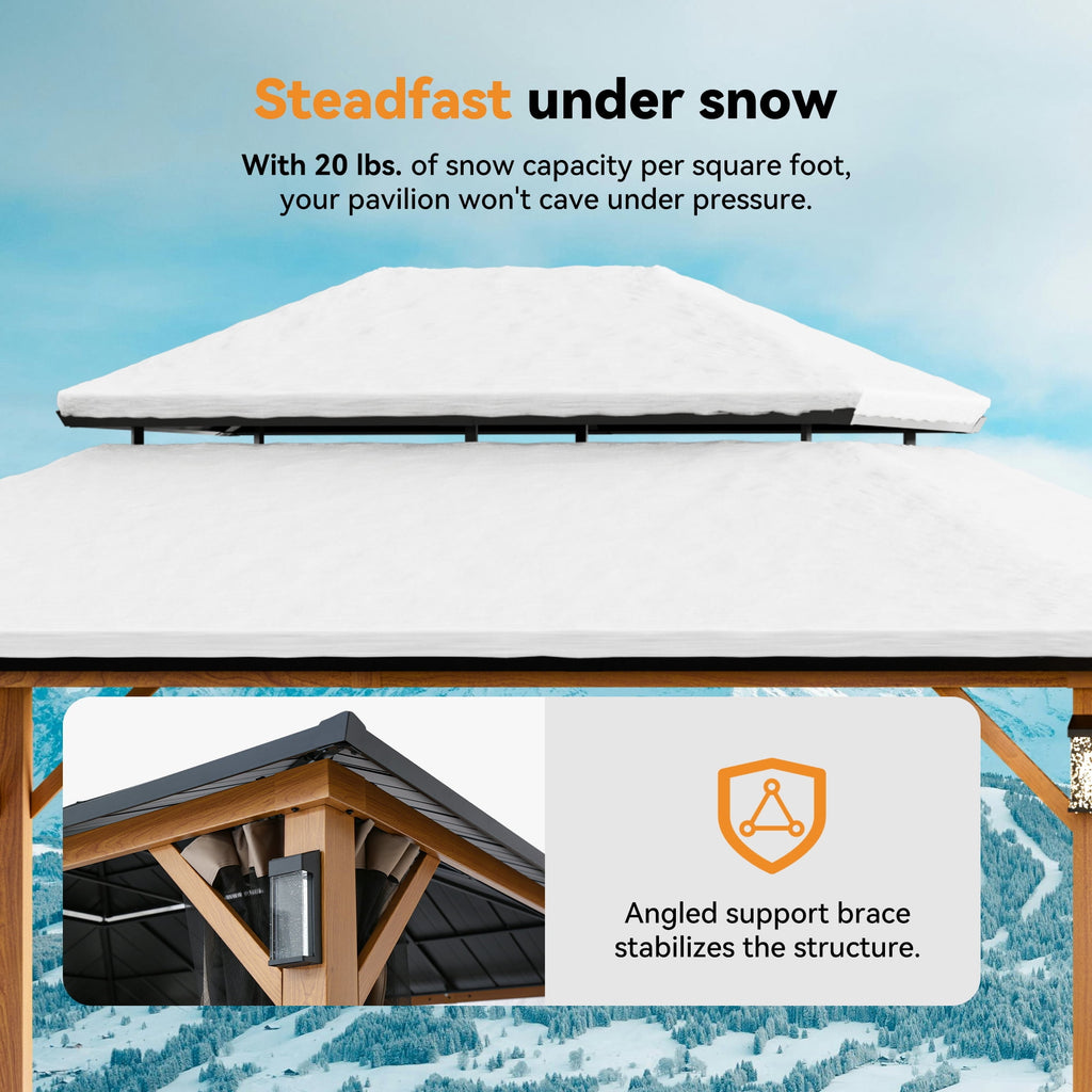 Modern Shade Horizon 12' x 14' Hardtop Gazebo with Solar LED Light, Aluminum Frame, Brown Roof