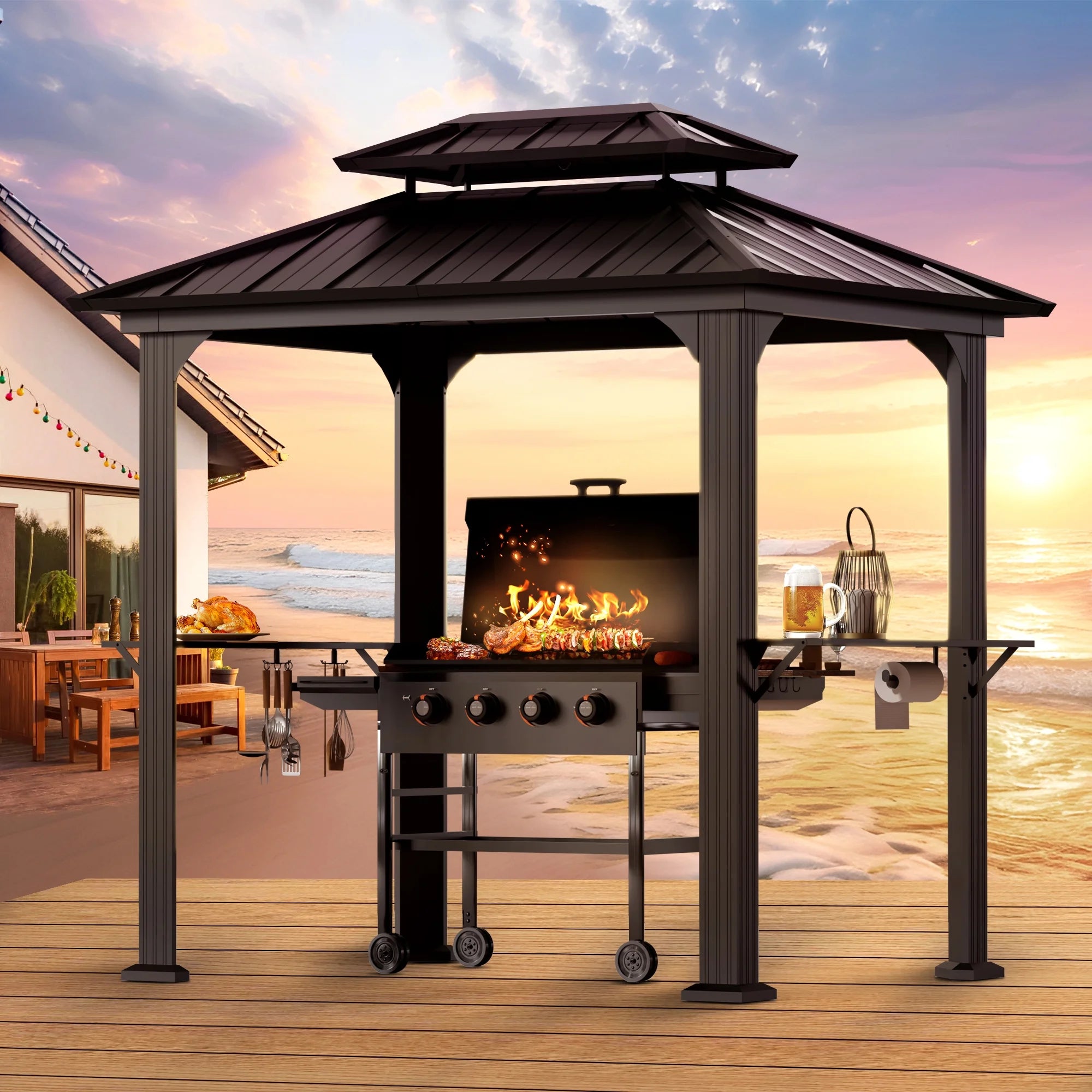 Modern Shade 6' x 8' Aluminum Grill Gazebo, Galvanized Steel Hardtop BBQ Canopy with Shelves & Ceiling Hook, Extra-Wide Columns for Patio, Black