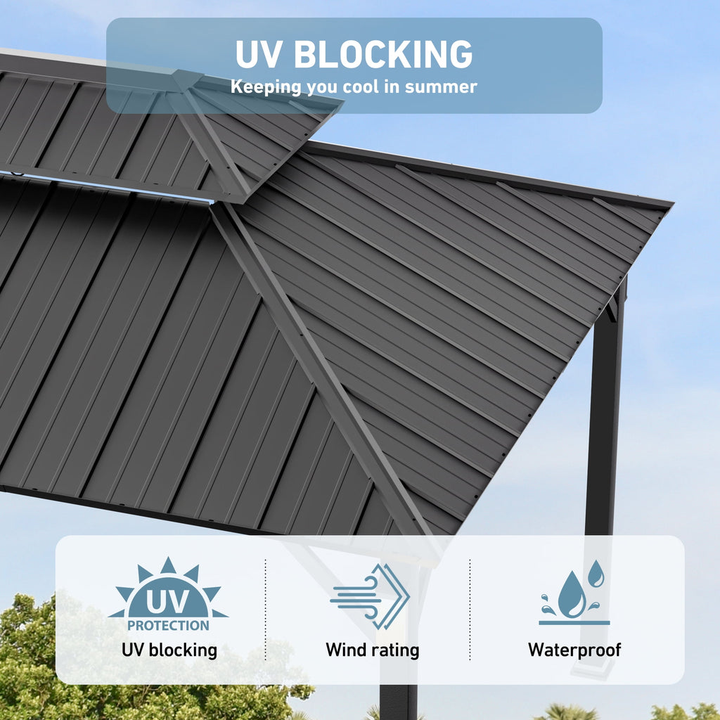 FONA 10'x14' Wood-Look Hardtop Gazebo with LED Lights,Double Roof,Netting & Hooks,Black