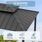 FONA 10'x14' Wood-Look Hardtop Gazebo with LED Lights,Double Roof,Netting & Hooks,Black