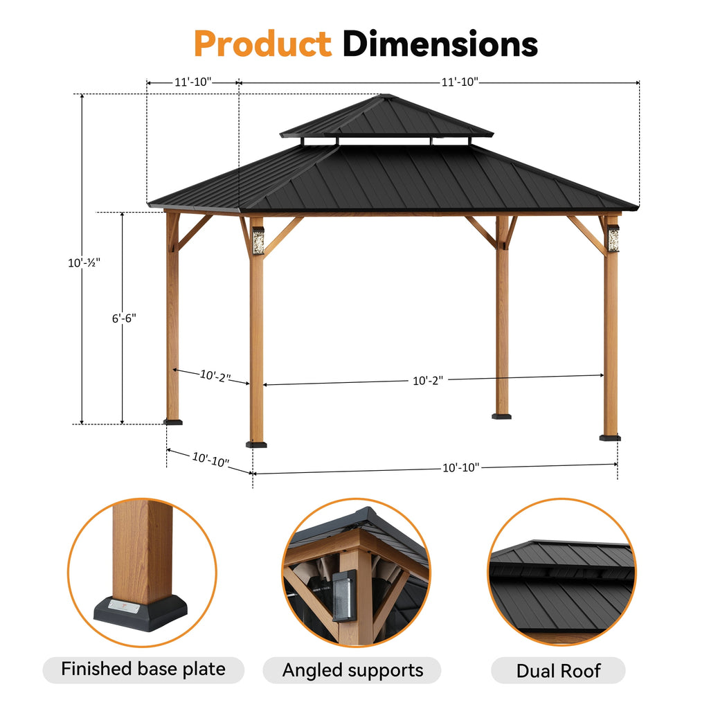 Modern Shade Horizon 12' x 12' Hardtop Gazebo with Solar LED Light, Outdoor Garden Roof Pavilion