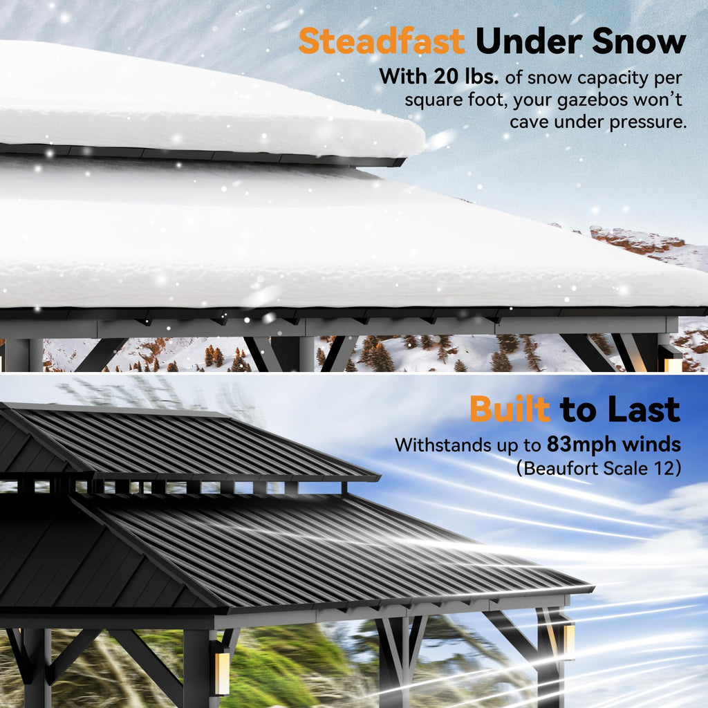 Modern Shade 12'x24' Steel Hardtop Gazebo with Galvanized Double Roof & 4 LEDs Weatherproof Pavilion with Mosquito Netting, Curtains Hooks Black