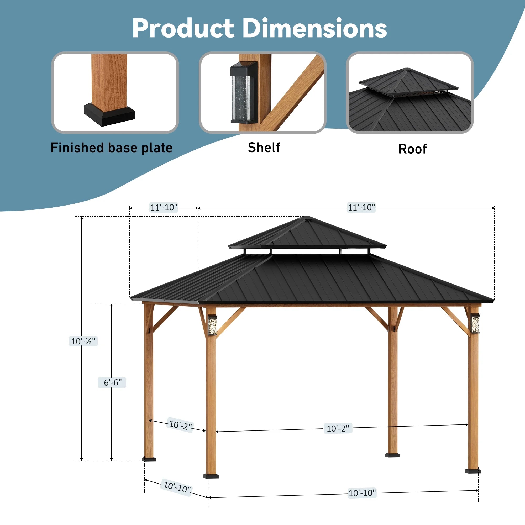 Modern Shade Hardtop Gazebo 12' x 12' with 4 LED Lights, Permanent Gazebo with Double Galvanized Steel Roof for Outdoor Backyard, Brown