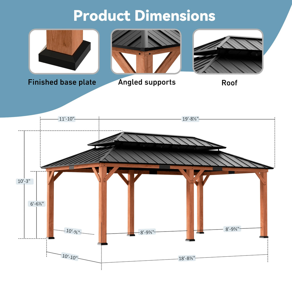 Modern Shade Rosewood 12'x20’Hardtop Gazebo,Cedar Framed Rosewood Pavilion with Double Galvanized Steel Roof,Permanent Patio Gazebo for Outdoor Brown