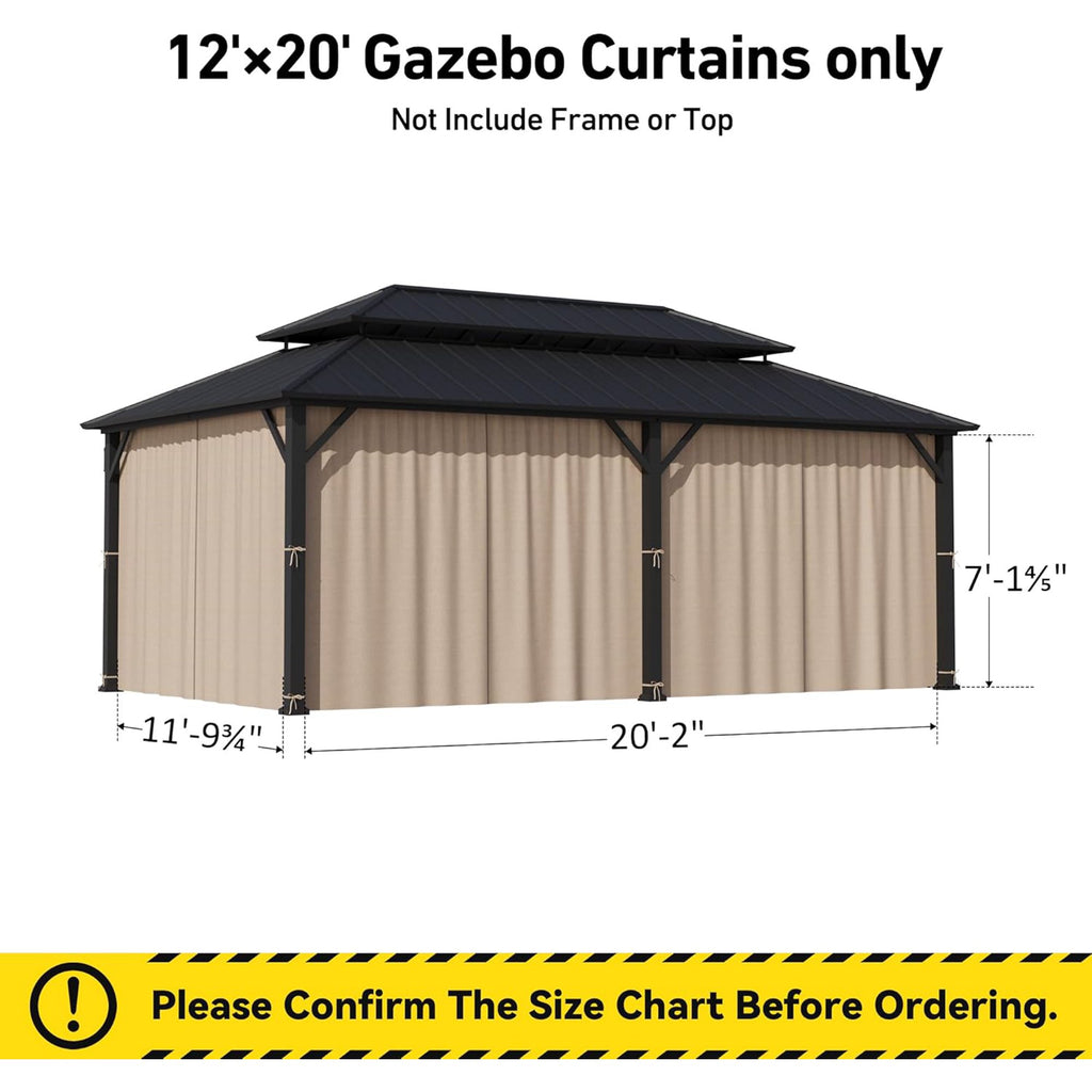 Covered Outdoor Universal 12' x20' Gazebo Curtain Replacement 6- Panel Fade- Resistant Sidewalls( Curtain Only)