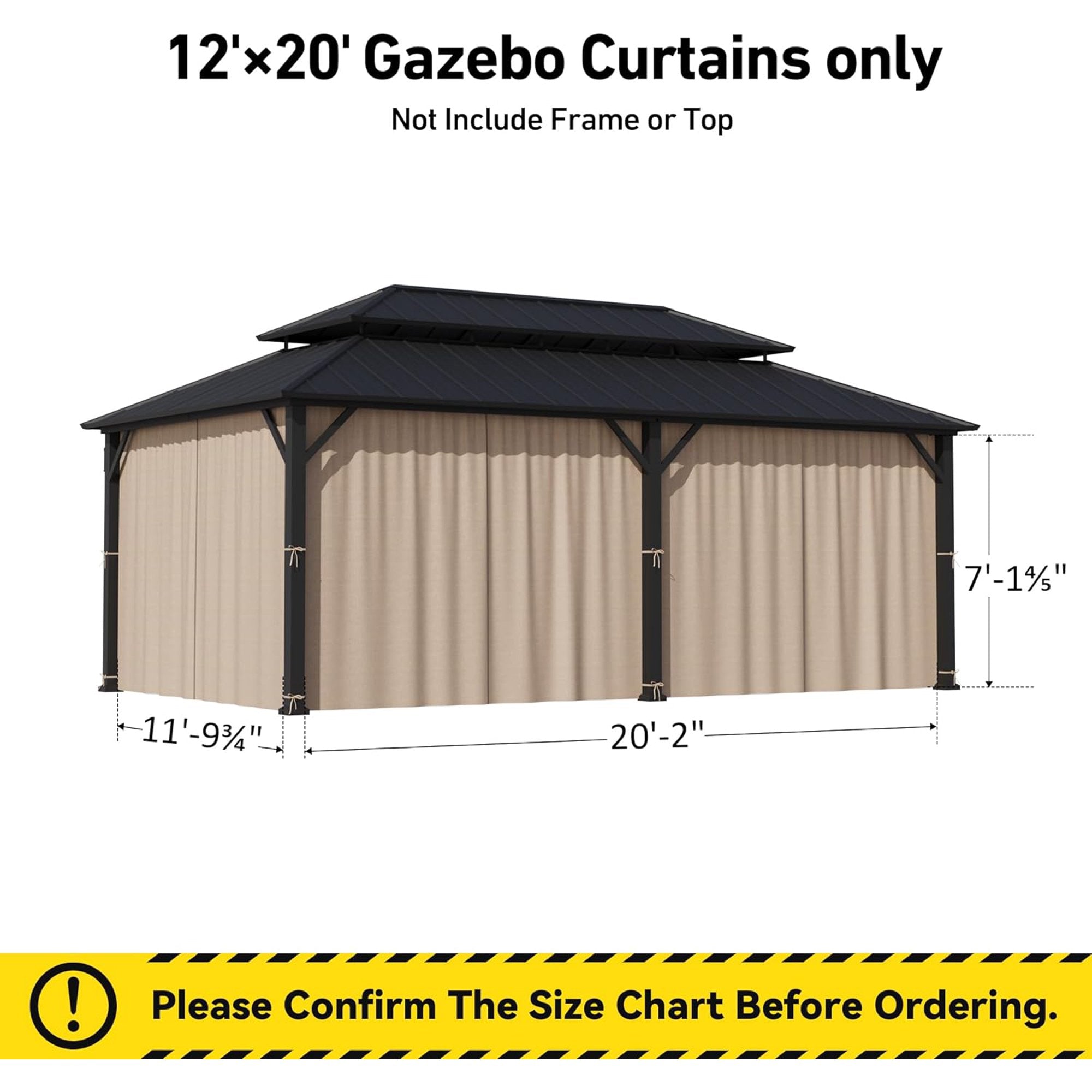 Covered Outdoor Universal 12' x20' Gazebo Curtain Replacement 6- Panel Fade- Resistant Sidewalls( Curtain Only)