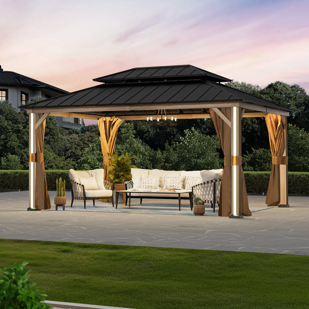 Modern Shade 12' x 16' Hardtop Gazebo with Double Roof, 4 LED Lights, USB Ports, Netting & Curtains