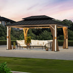 Modern Shade 12' x 16' Hardtop Gazebo with Double Roof, 4 LED Lights, USB Ports, Netting & Curtains