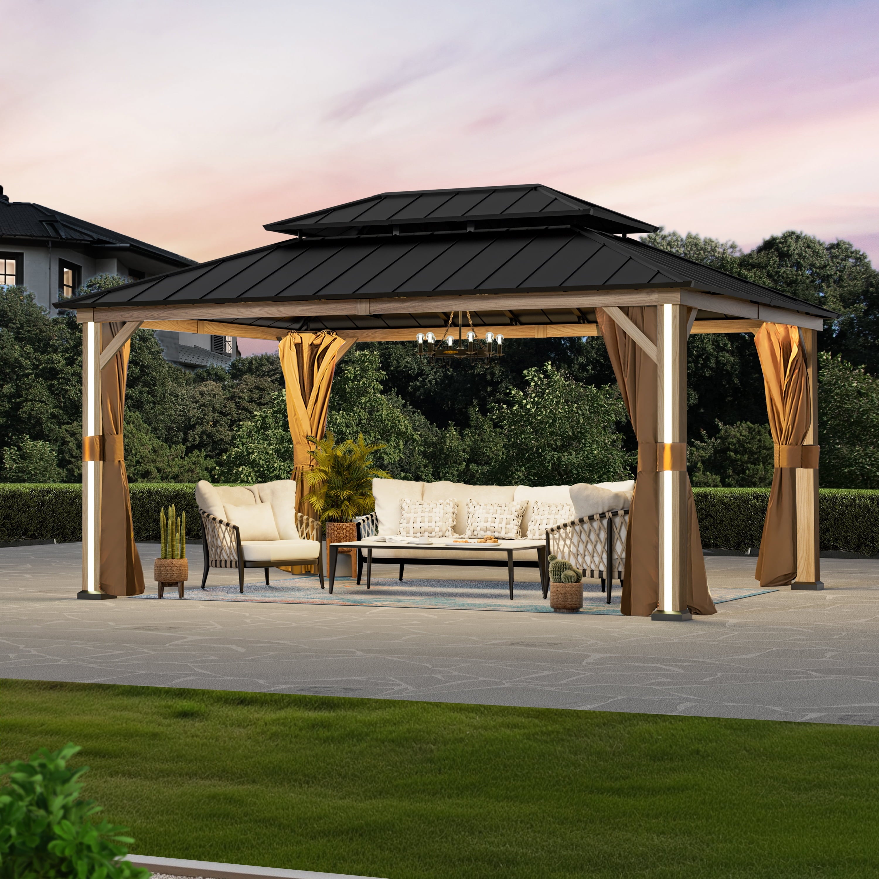 Modern Shade 12' x 16' Hardtop Gazebo with Double Roof, 4 LED Lights, USB Ports, Netting & Curtains