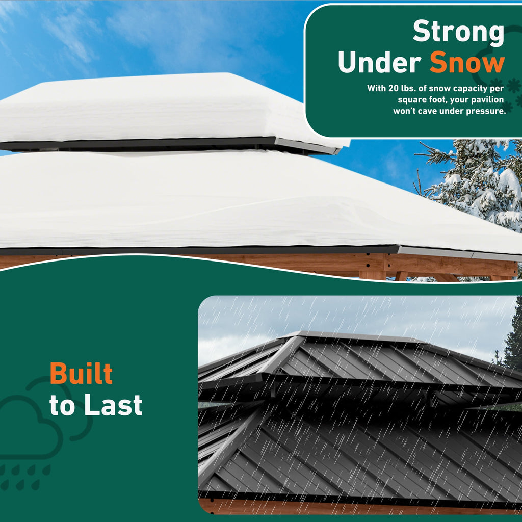 FONA Rosewood 10' x 12' Cedar Gazebo with Double Steel Roof, Mosquito Netting, Curtains & Sturdy Hooks for Backyard, Patio