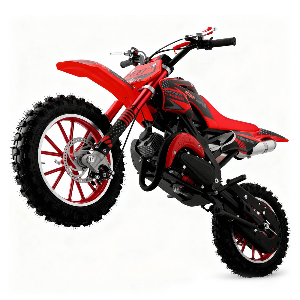 FONA 49cc 2-Stroke Dirt Bike for Kids 8-12, 25mph Mini Motorcycle with Dual Disc Brakes, off-Road Tires, Suspension & Soft Seat Red