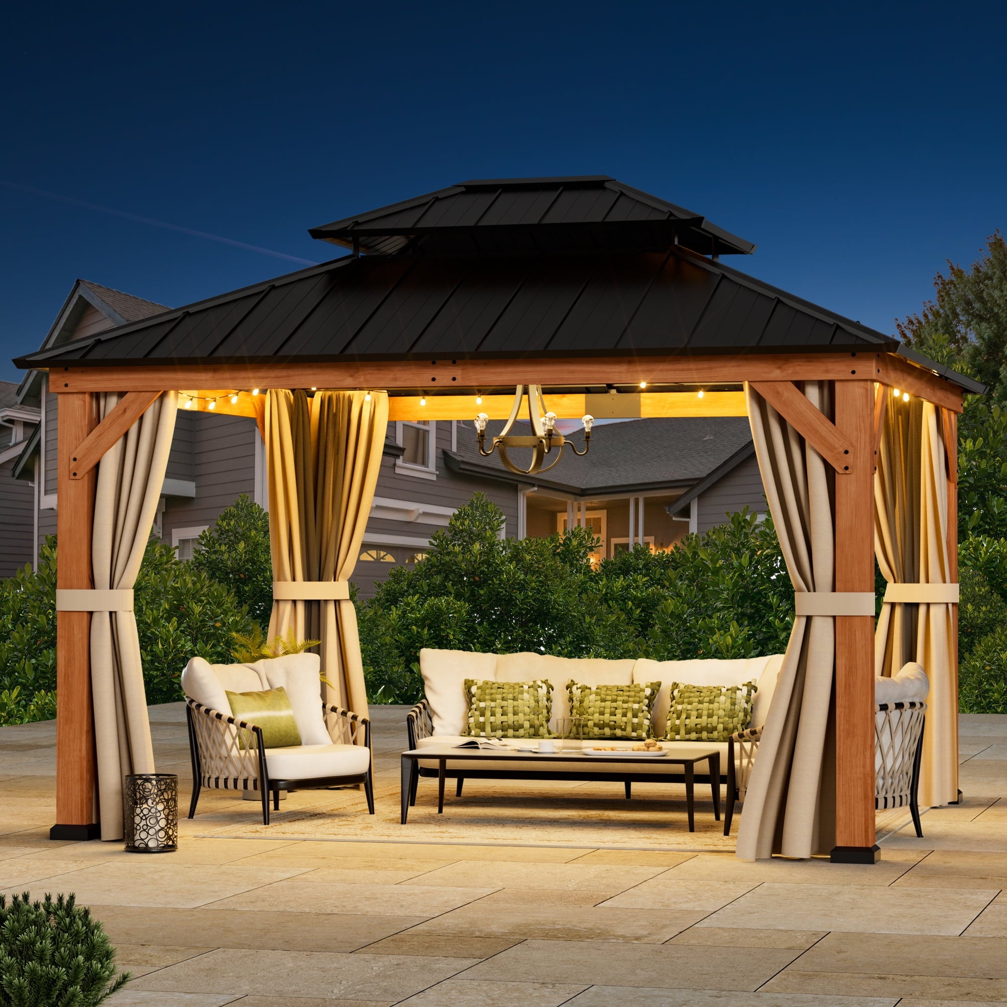 FONA 11'x13'Outdoor Cedar Wood Hardtop Gazebo with Double Steel Roof, Mosquito Net Rods for Backyard Use