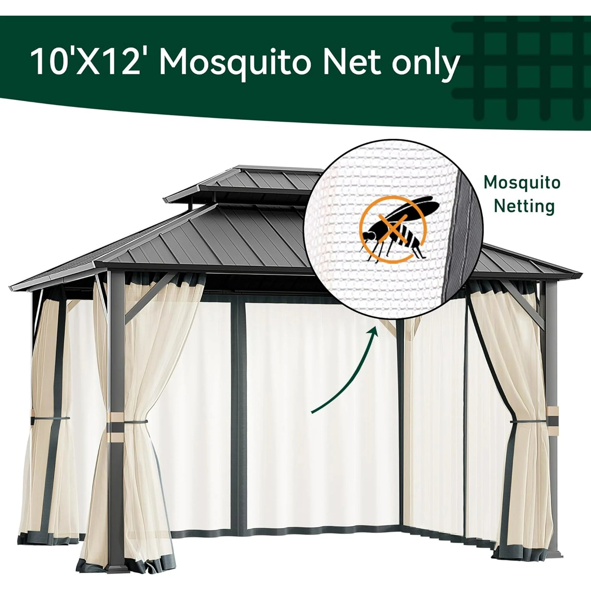 Covered Outdoor Universal 10'x12' Gazebo Mosquito Netting - 4-Panel Double-Zipper Screen Walls, Slate Gray & Beige