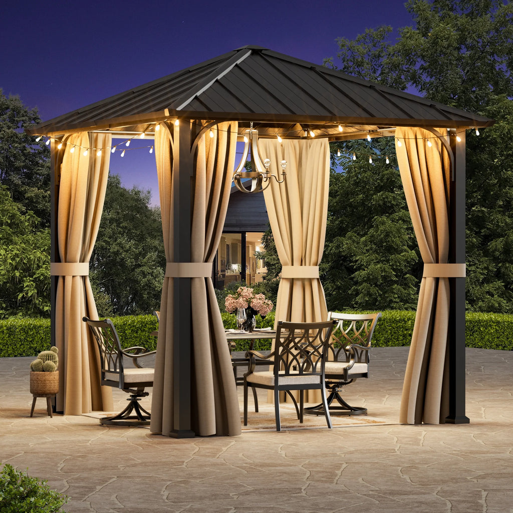 Modern Shade 8'x8' Permanent Hardtop Gazebo Galvanized Steel Roof Detachable Curtains Patio Garden Pavilio