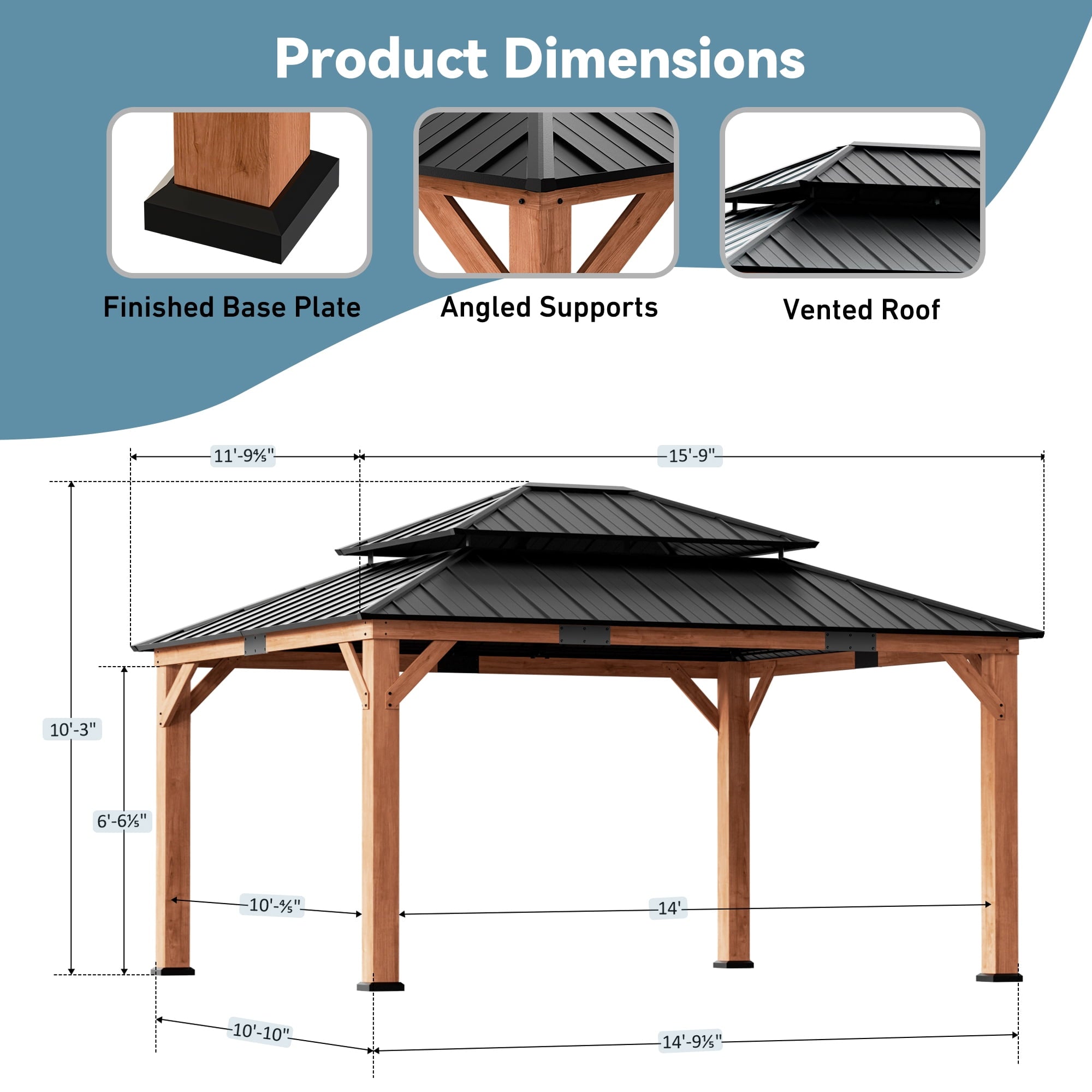 FONA 12'x16' Rosewood Cedar Grill Gazebo,Double Galvanized Steel Roof & Sturdy Hooks for Backyard