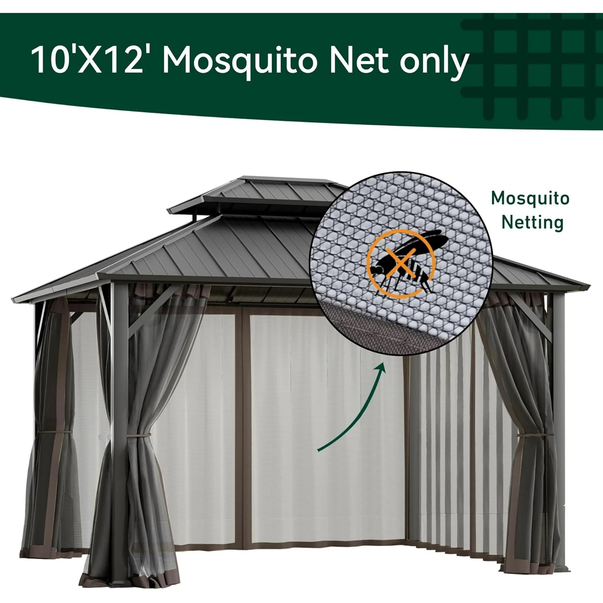 Covered Outdoor Universal 10'x12' Gazebo Mosquito Netting - 4-Panel Double-Zipper Screen Walls, Dark Brown & Black