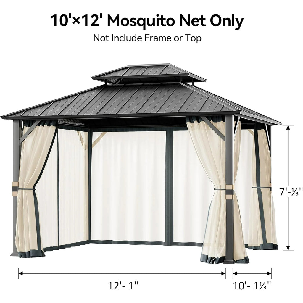 Covered Outdoor Universal 10'x12' Gazebo Mosquito Netting - 4-Panel Double-Zipper Screen Walls, Slate Gray & Beige