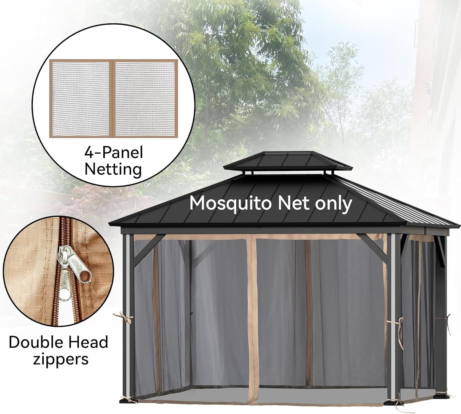 Modern Shade 10‘x12’ 4-Panel Mosquito Net with Zipper Closure for Gazebo & Canopy Replacement
