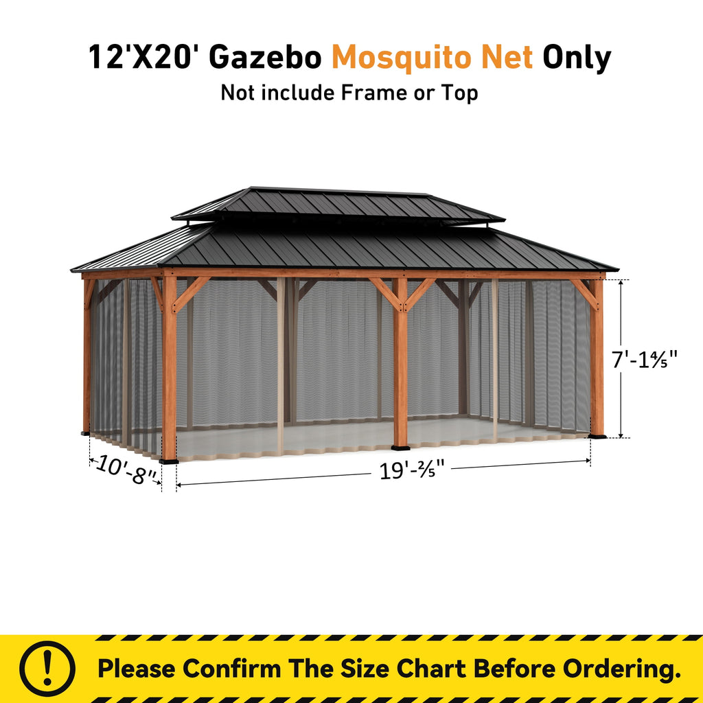 Modern Shade 12x20ft Cedar Gazebo Privacy Curtains & Zippered Mosquito Netting, Universal 4-Panel Khaki Sidewalls for Patio Canopy Replacement