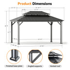 Modern Shade 12' x 16' Steel Hardtop Gazebo with LED Lights, Double Roof, USB Ports, Curtains, Black
