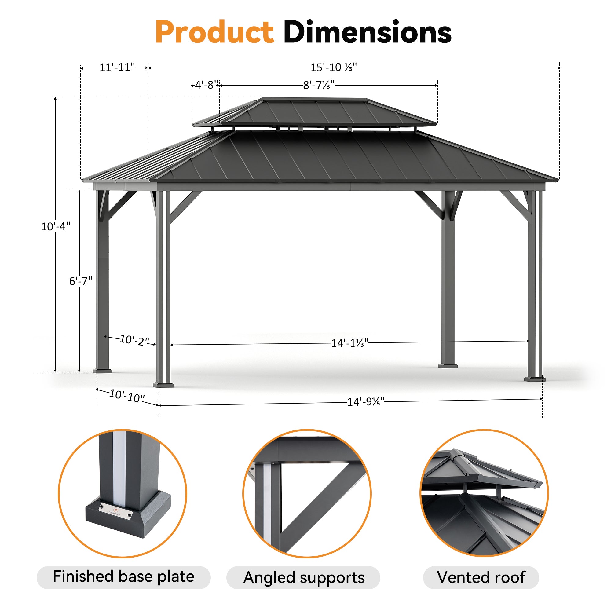 Modern Shade 12' x 16' Steel Hardtop Gazebo with LED Lights, Double Roof, USB Ports, Curtains, Black