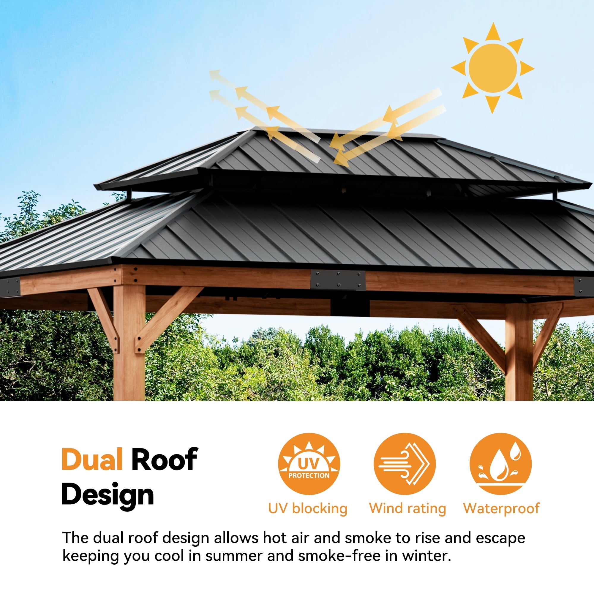 Modern Shade 12'x16'Outdoor Cedar Wood Hardtop Gazebo with Double Steel Roof, Hooks, for Backyard, Patio or Deck
